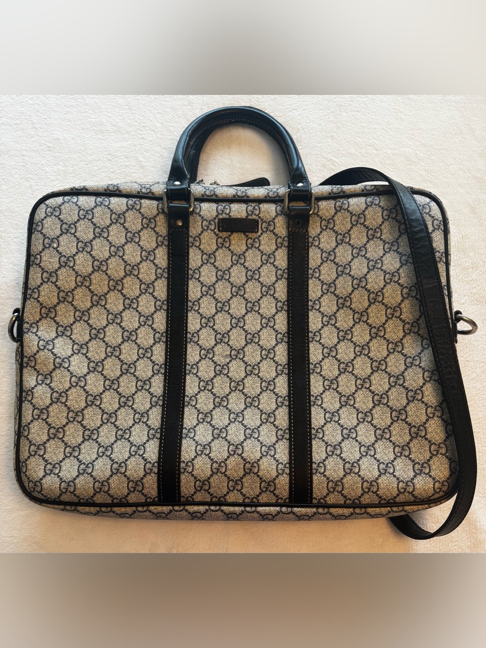 Gucci GG Supreme Briefcase Laptop Bag Navy Leather Trim Vintage w Strap